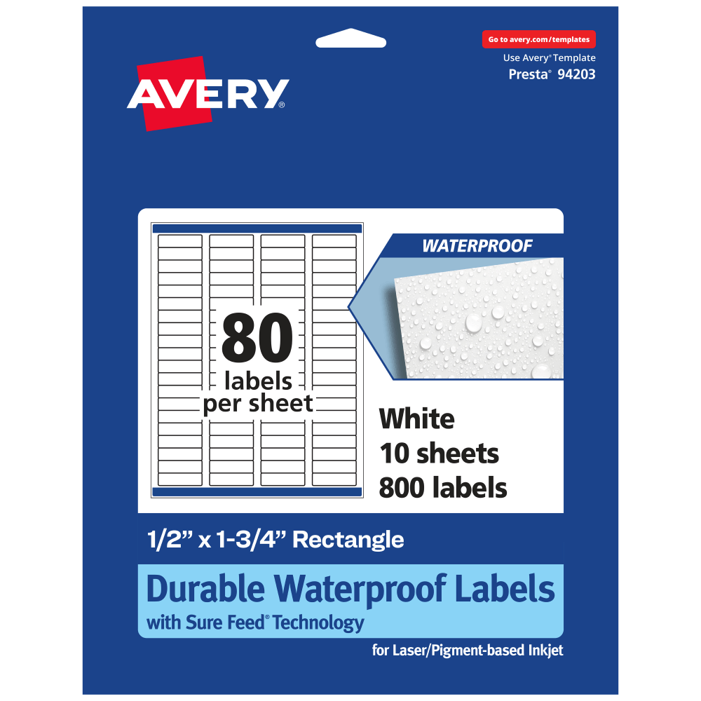 Avery Waterproof Permanent Labels With Sure Feed, 94203-WMF10, Rectangle, 1/2in x 1-3/4in, White, Pack Of 800 MPN:94203-WMF10