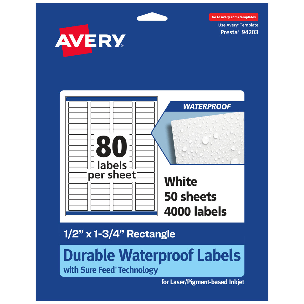Avery Waterproof Permanent Labels With Sure Feed, 94203-WMF50, Rectangle, 1/2in x 1-3/4in, White, Pack Of 4, 000 MPN:94203-WMF50