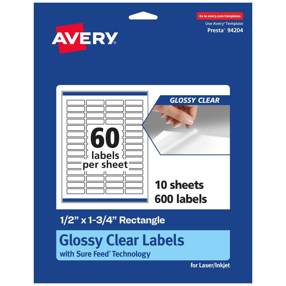Avery Glossy Permanent Labels With Sure Feed, 94204-CGF10, Rectangle, 1/2in x 1-3/4in, Clear, Pack Of 600 MPN:94204-CGF10