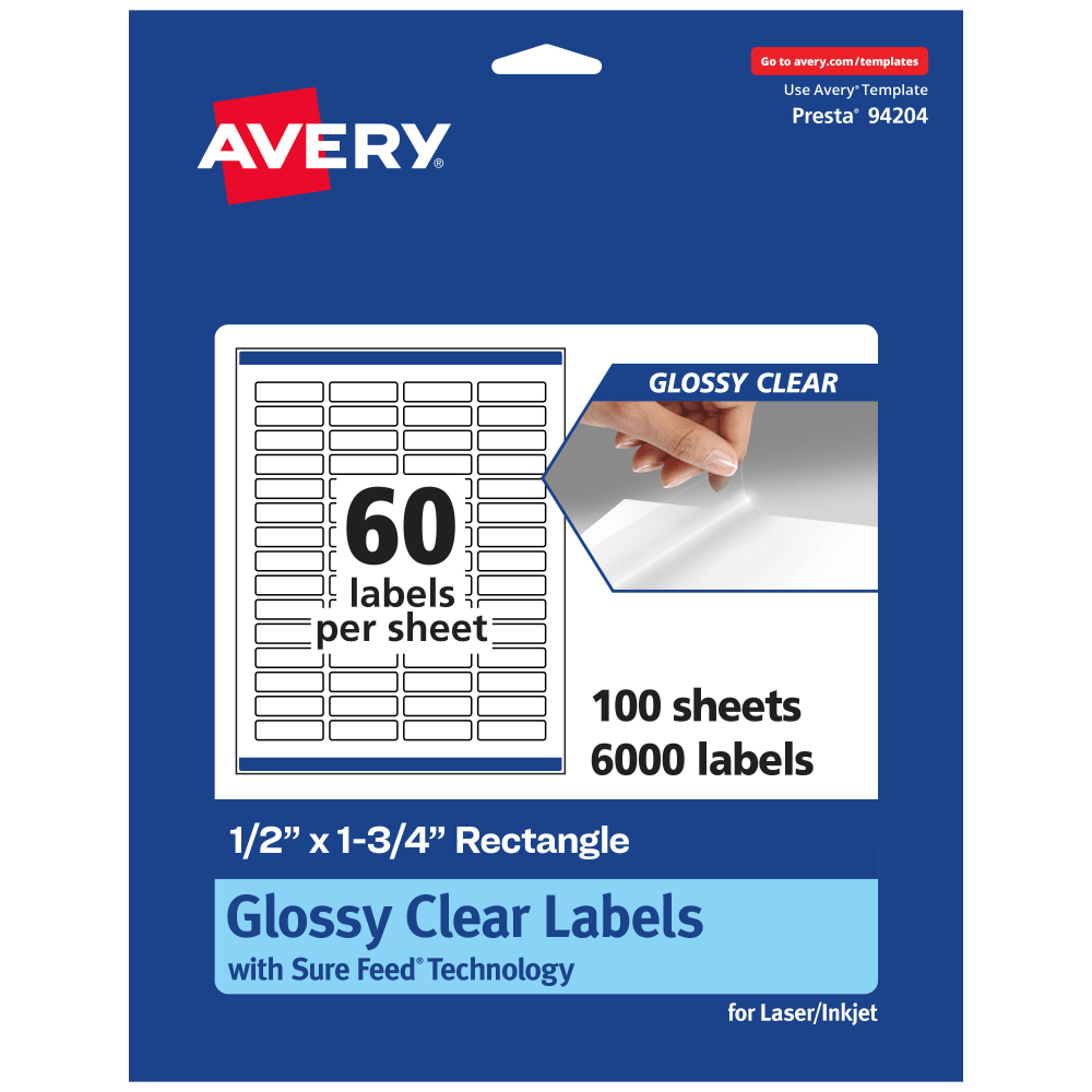 Avery Glossy Permanent Labels With Sure Feed, 94204-CGF100, Rectangle, 1/2in x 1-3/4in, Clear, Pack Of 6, 000 MPN:94204-CGF100