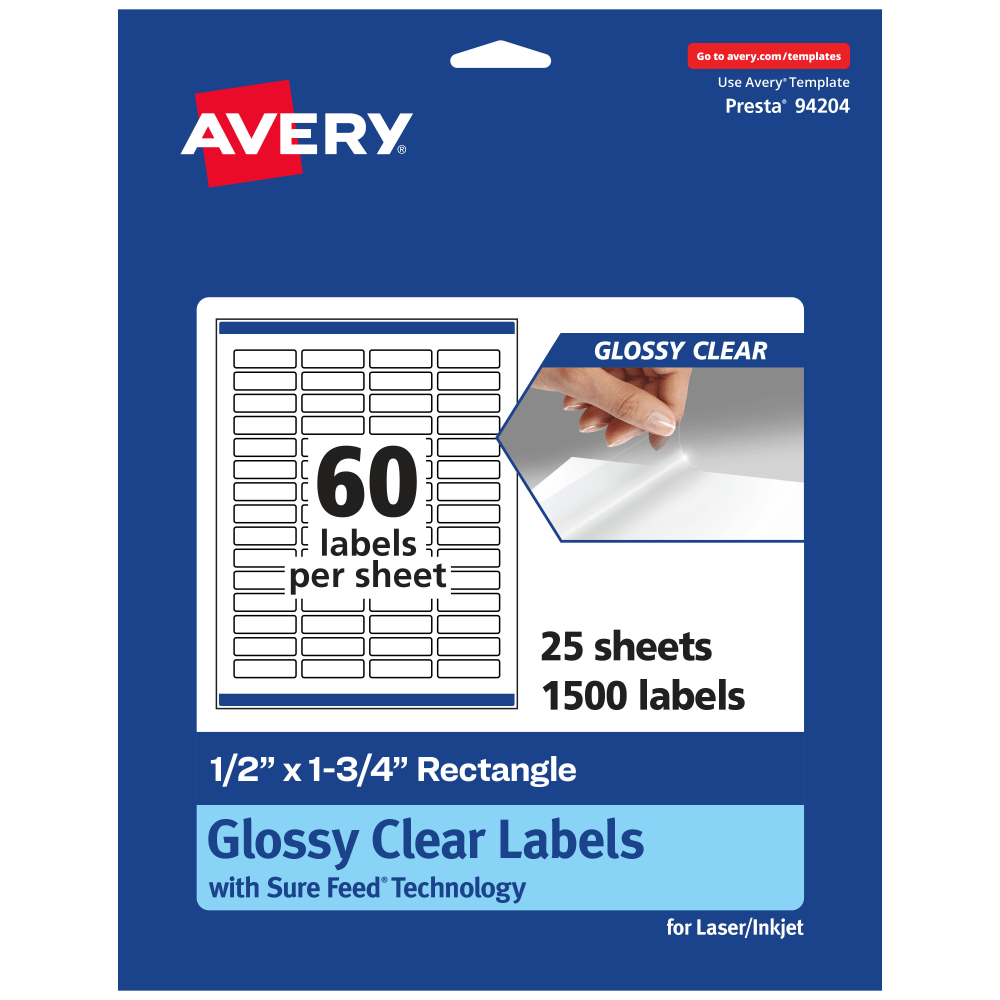 Avery Glossy Permanent Labels With Sure Feed, 94204-CGF25, Rectangle, 1/2in x 1-3/4in, Clear, Pack Of 1, 500 MPN:94204-CGF25