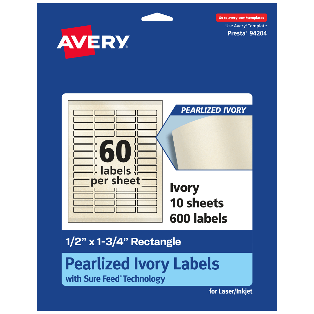 Avery Pearlized Permanent Labels With Sure Feed, 94204-PIP10, Rectangle, 1/2in x 1-3/4in, Ivory, Pack Of 600 Labels MPN:94204-PIP10