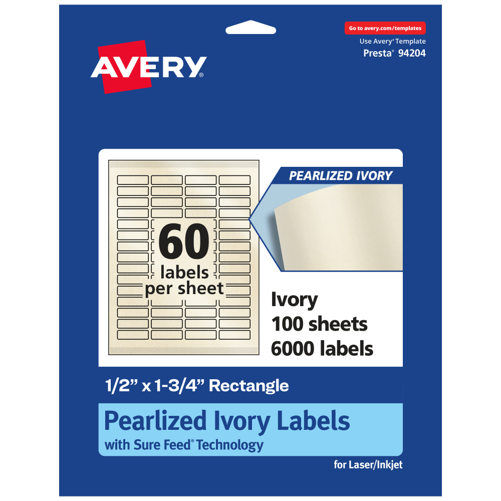Avery Pearlized Permanent Labels With Sure Feed, 94204-PIP100, Rectangle, 1/2in x 1-3/4in, Ivory, Pack Of 6, 000 Labels MPN:94204-PIP100