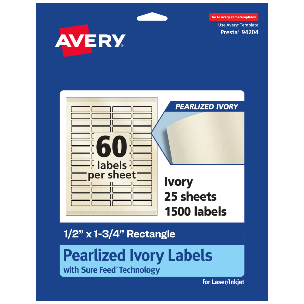 Avery Pearlized Permanent Labels With Sure Feed, 94204-PIP25, Rectangle, 1/2in x 1-3/4in, Ivory, Pack Of 1, 500 Labels MPN:94204-PIP25
