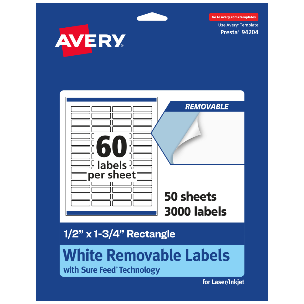 Avery Removable Labels With Sure Feed, 94204-RMP50, Rectangle, 1/2in x 1-3/4in, White, Pack Of 3, 000 Labels MPN:94204-RMP50