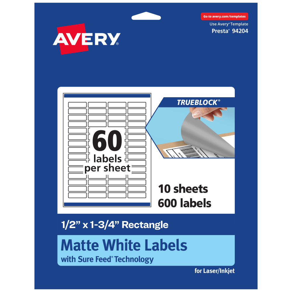 Avery Print-To-The-Edge TrueBlock Labels With Sure Feed, 94204-TWMP10, Rectangle, 1/2in x 1-3/4in, Matte White, Pack Of 600 MPN:94204-TWMP10