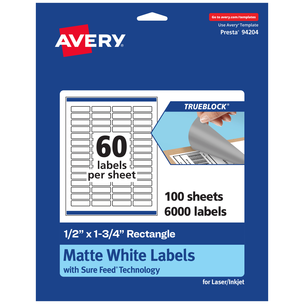 Avery Print-To-The-Edge TrueBlock Labels With Sure Feed, 94204-TWMP100, Rectangle, 1/2in x 1-3/4in, Matte White, Pack Of 6000 MPN:94204-TWMP100