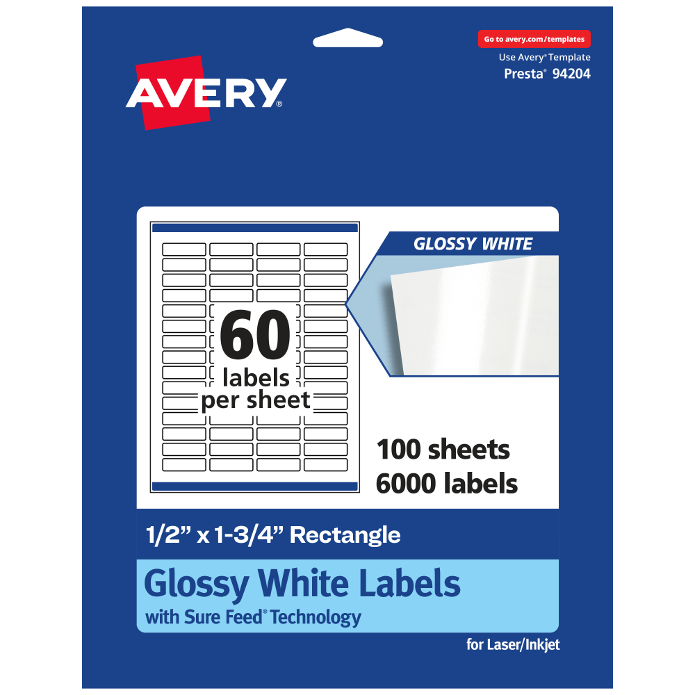 Avery Glossy Permanent Labels With Sure Feed, 94204-WGP100, Rectangle, 1/2in x 1-3/4in, White, Pack Of 6, 000 MPN:94204-WGP100