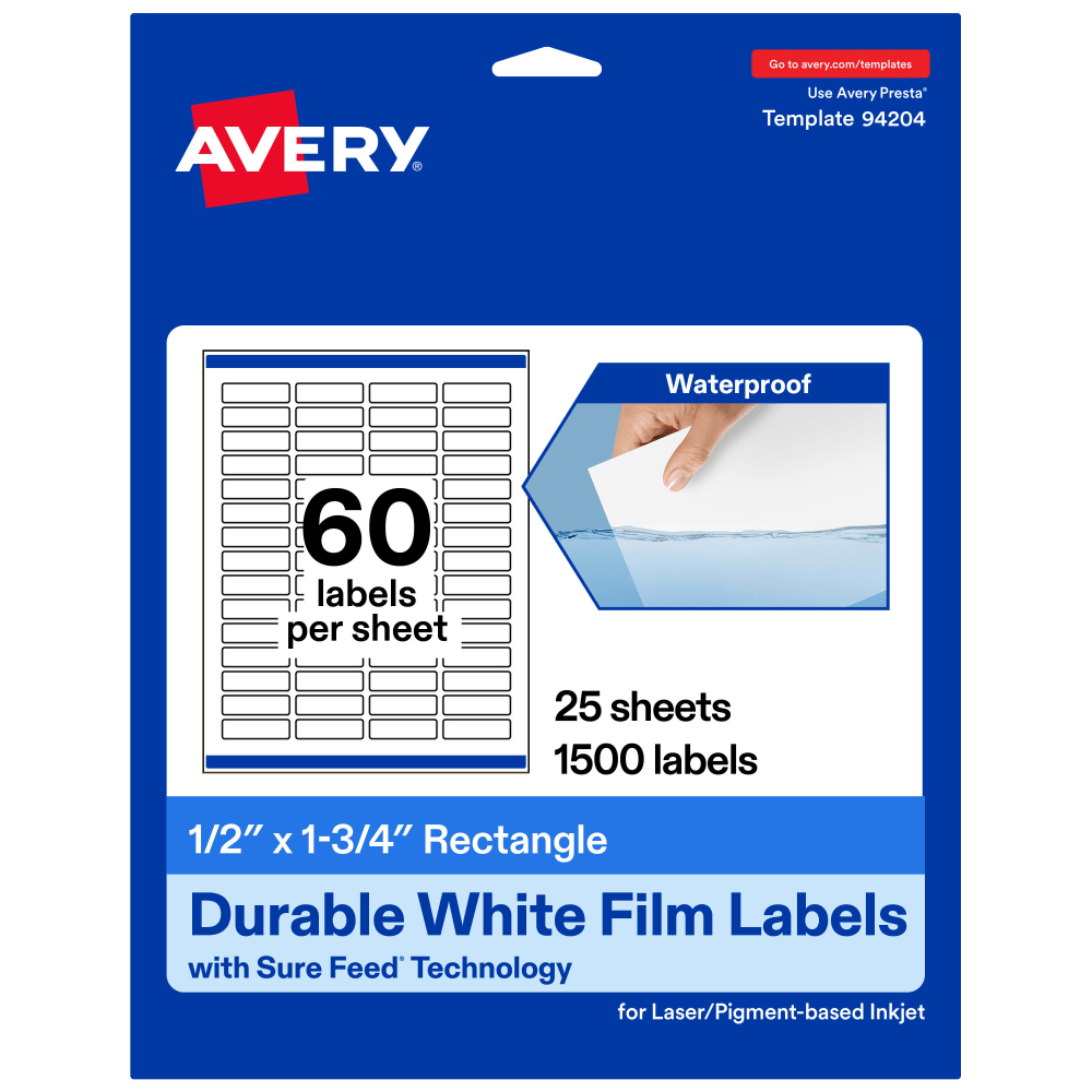 Avery Waterproof Permanent Labels With Sure Feed, 94204-WMF25, Rectangle, 1/2in x 1-3/4in, White, Pack Of 1, 500 MPN:94204-WMF25
