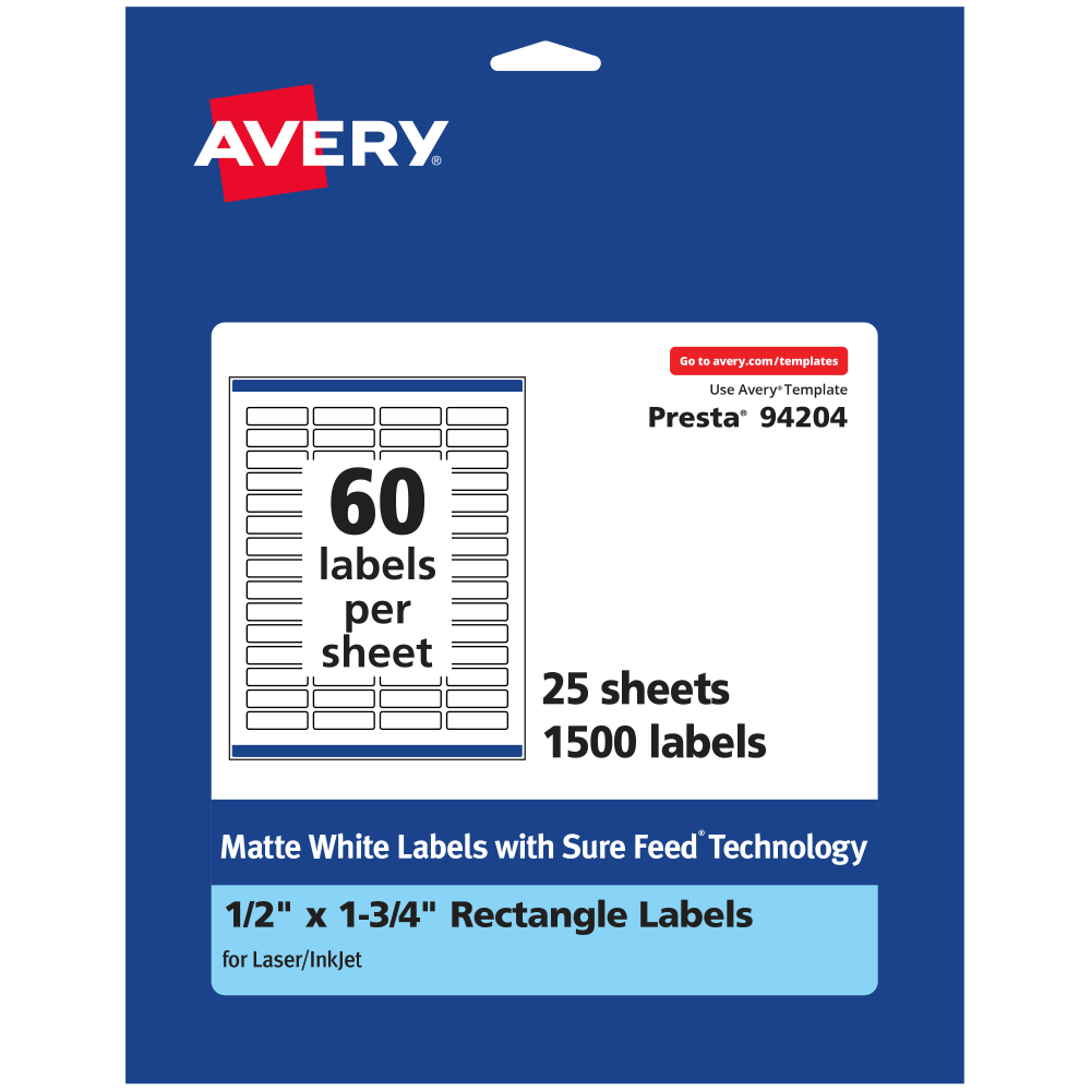 Avery Permanent Labels With Sure Feed, 94204-WMP25, Rectangle, 1/2in x 1-3/4in, White, Pack Of 1, 500 MPN:94204-WMP25