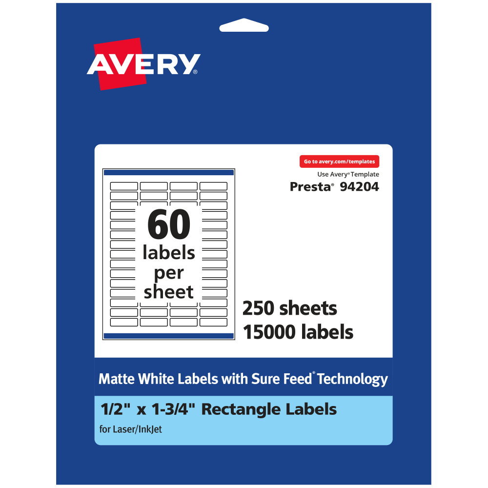 Avery Permanent Labels With Sure Feed, 94204-WMP250, Rectangle, 1/2in x 1-3/4in, White, Pack Of 15, 000 MPN:94204-WMP250