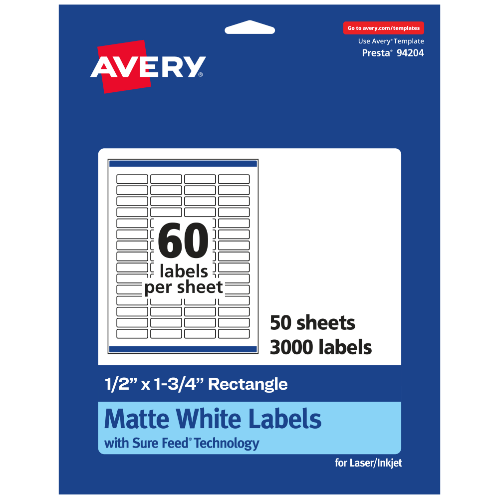 Avery Permanent Labels With Sure Feed, 94204-WMP50, Rectangle, 1/2in x 1-3/4in, White, Pack Of 3, 000 MPN:94204-WMP50