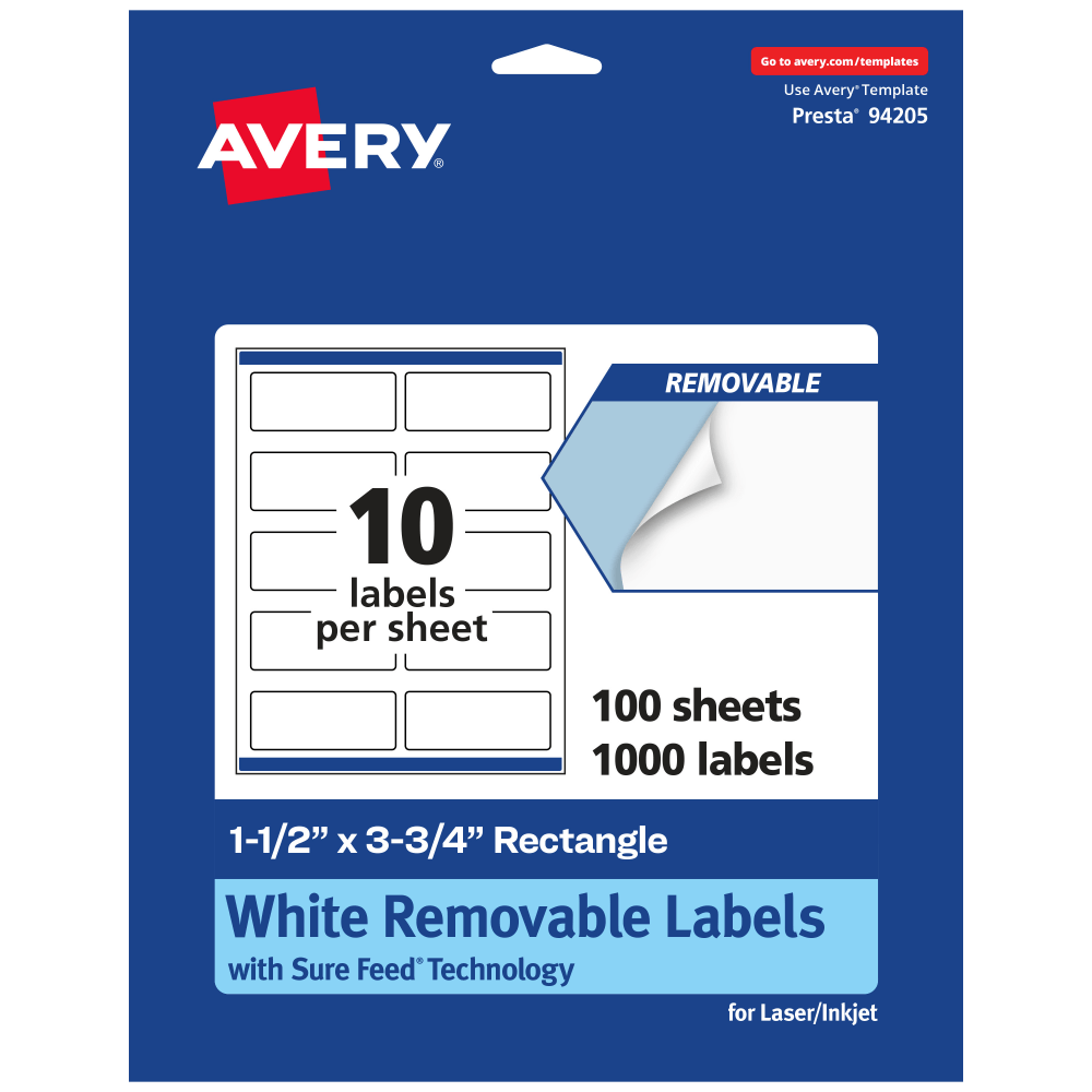 Avery Removable Labels With Sure Feed, 94205-RMP100, Rectangle, 1-1/2in x 3-3/4in, White, Pack Of 1, 000 Labels MPN:94205-RMP100