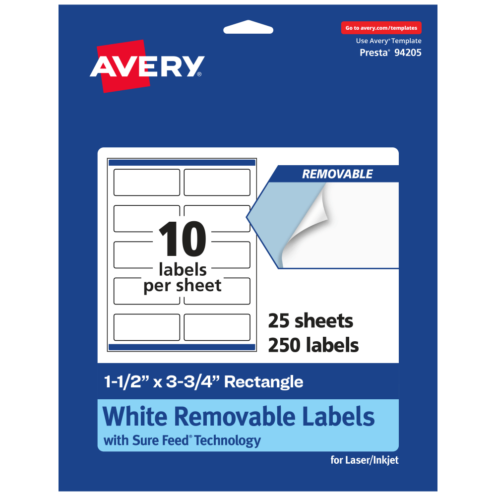 Avery Removable Labels With Sure Feed, 94205-RMP25, Rectangle, 1-1/2in x 3-3/4in, White, Pack Of 250 Labels MPN:94205-RMP25