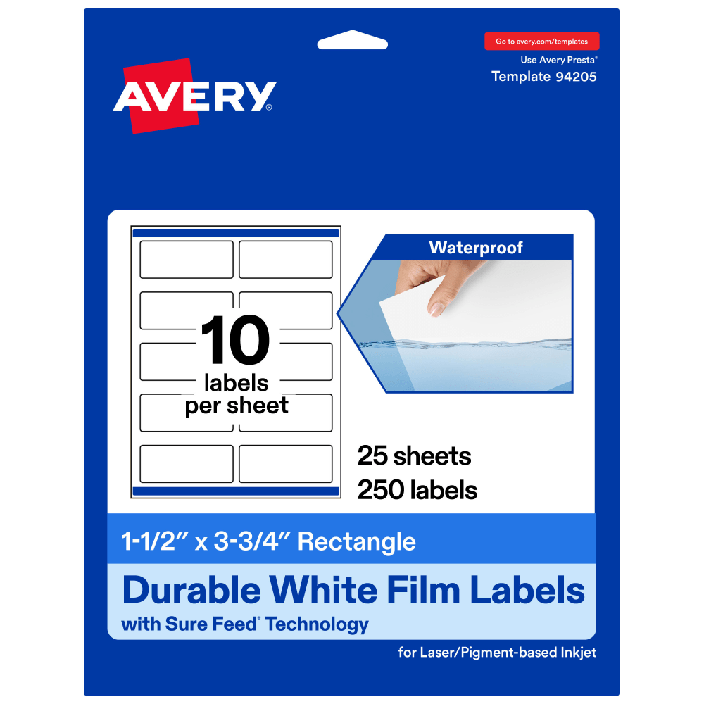 Avery Waterproof Permanent Labels With Sure Feed, 94205-WMF25, Rectangle, 1-1/2in x 3-3/4in, White, Pack Of 250 MPN:94205-WMF25