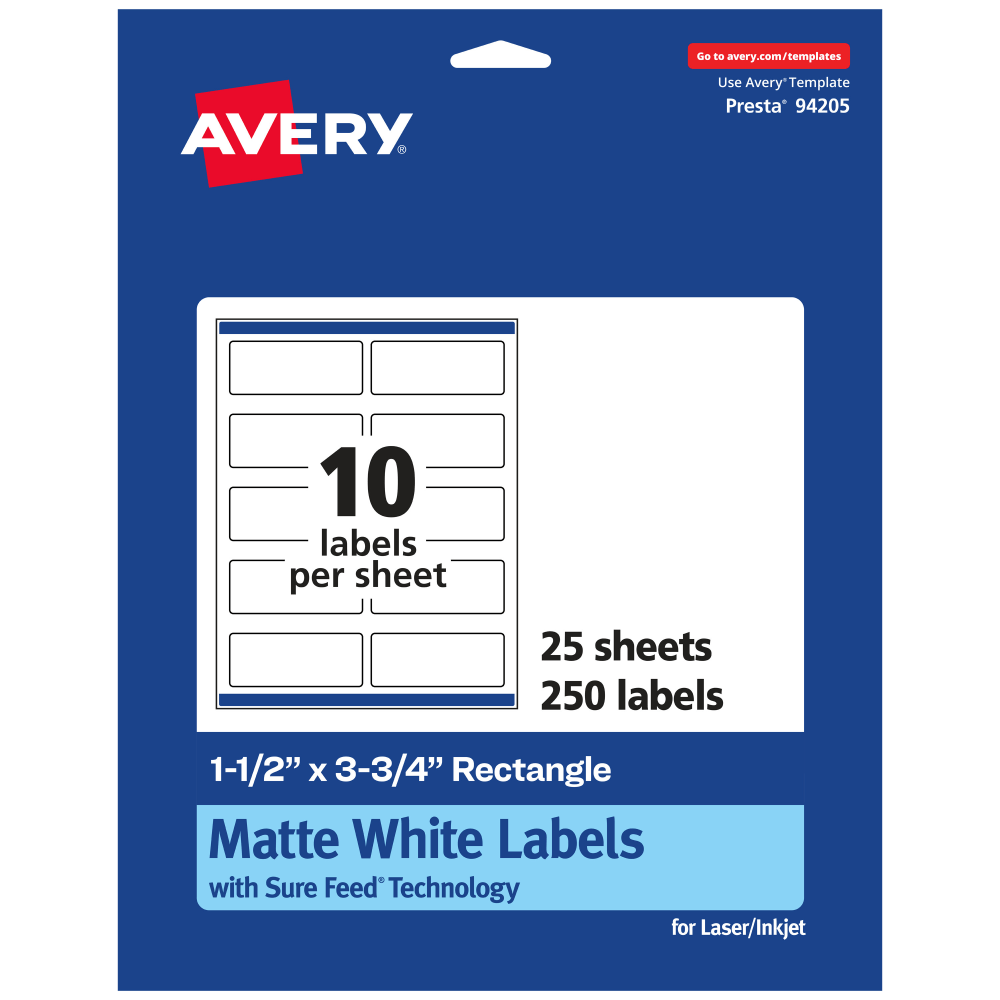 Avery Permanent Labels With Sure Feed, 94205-WMP25, Rectangle, 1-1/2in x 3-3/4in, White, Pack Of 250 MPN:94205-WMP25