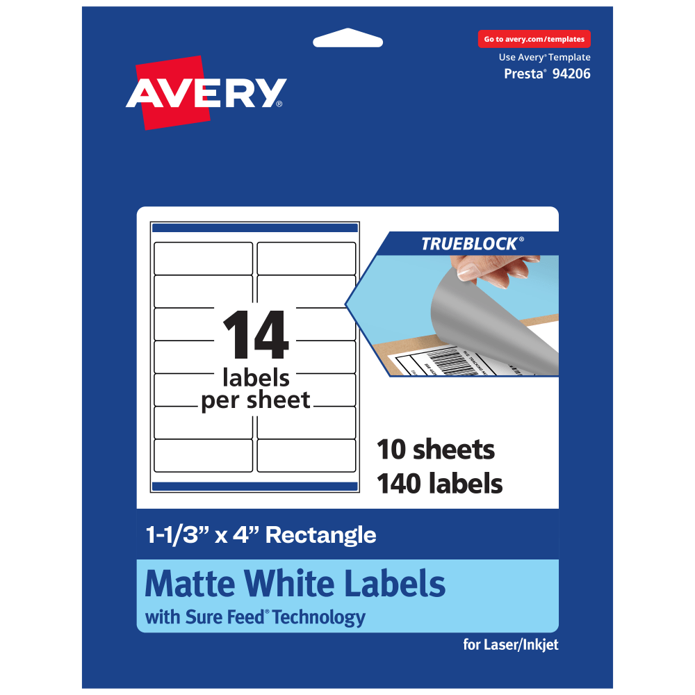 Avery TrueBlock Labels With Sure Feed, 94206-TWMP10, Rectangle, 1-1/3in x 4in, Matte White, Pack Of 140 MPN:94206-TWMP10