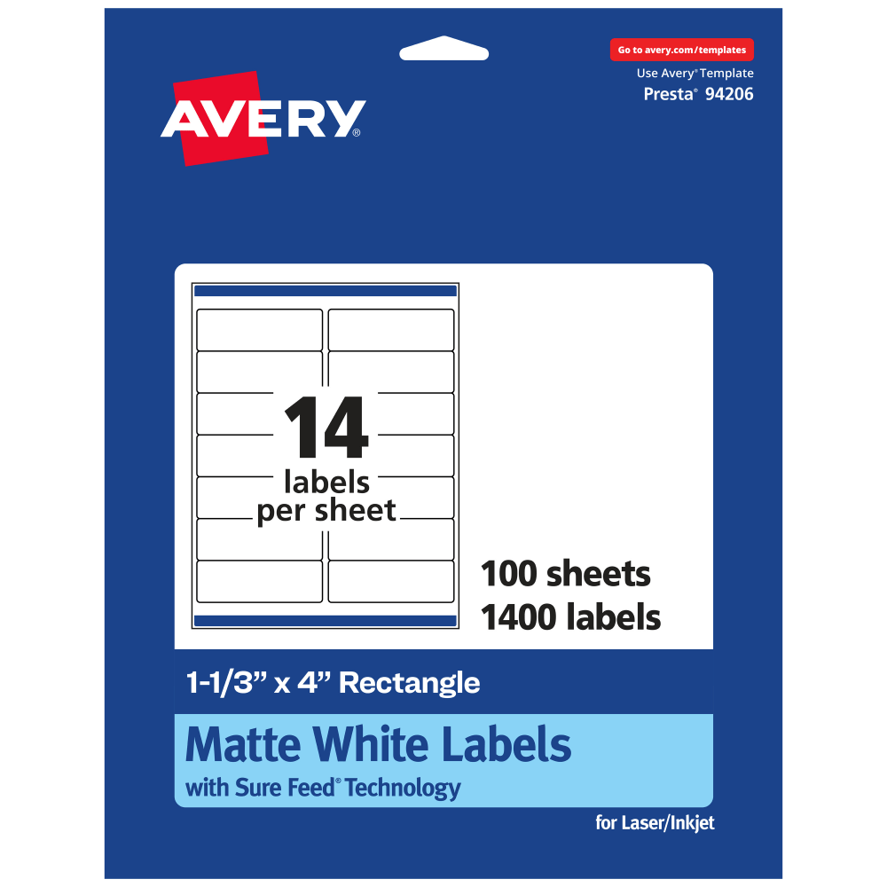 Avery Permanent Labels With Sure Feed, 94206-WMP100, Rectangle, 1-1/3in x 4in, White, Pack Of 1, 400 MPN:94206-WMP100