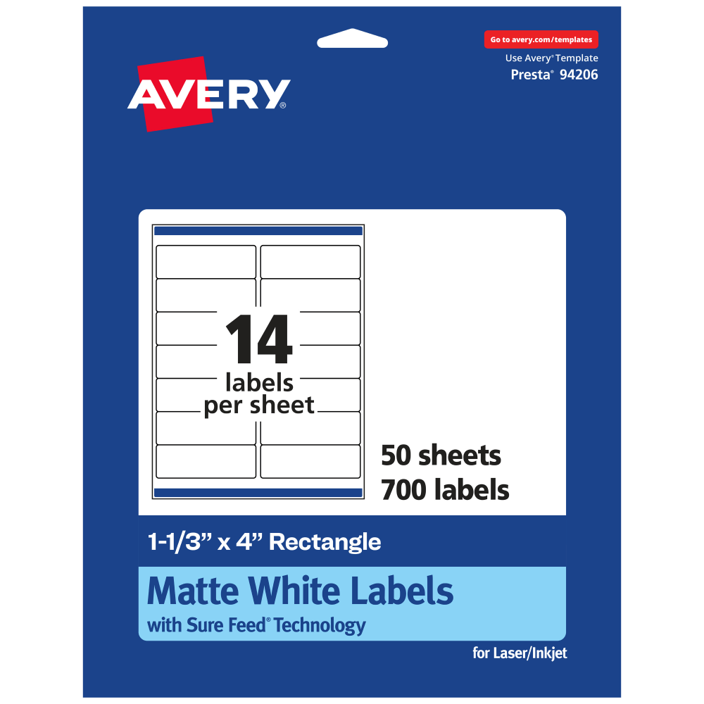 Avery Permanent Labels With Sure Feed, 94206-WMP50, Rectangle, 1-1/3in x 4in, White, Pack Of 700 MPN:94206-WMP50