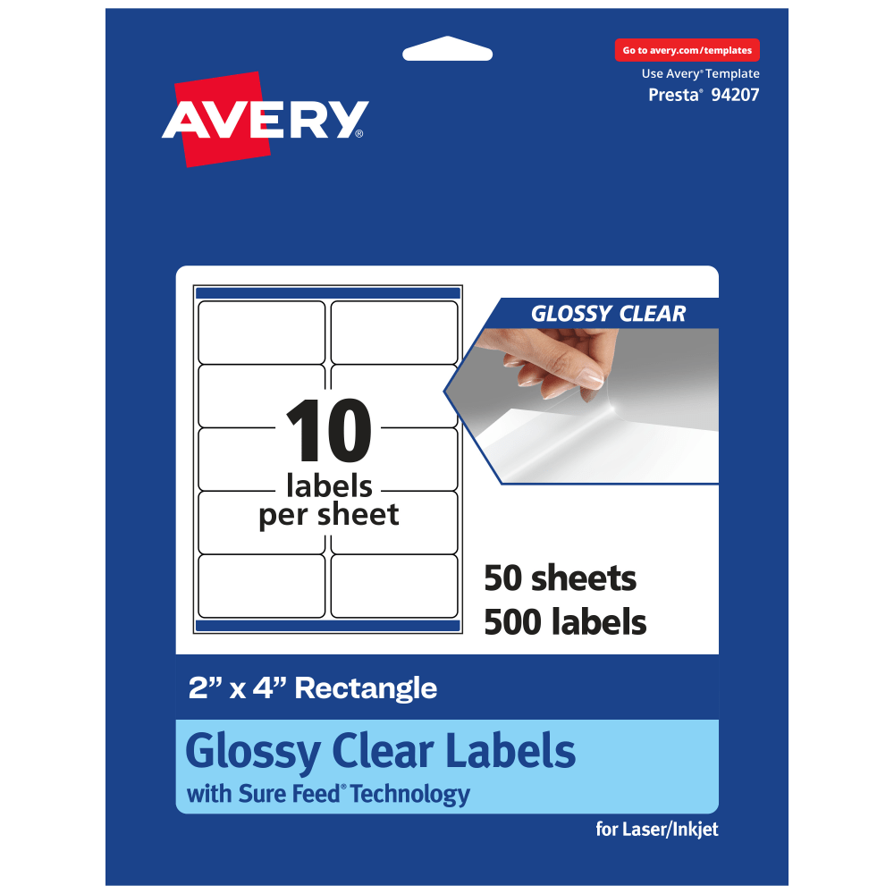 Avery Glossy Permanent Labels With Sure Feed, 94207-CGF50, Rectangle, 2in x 4in, Clear, Pack Of 500 MPN:94207-CGF50