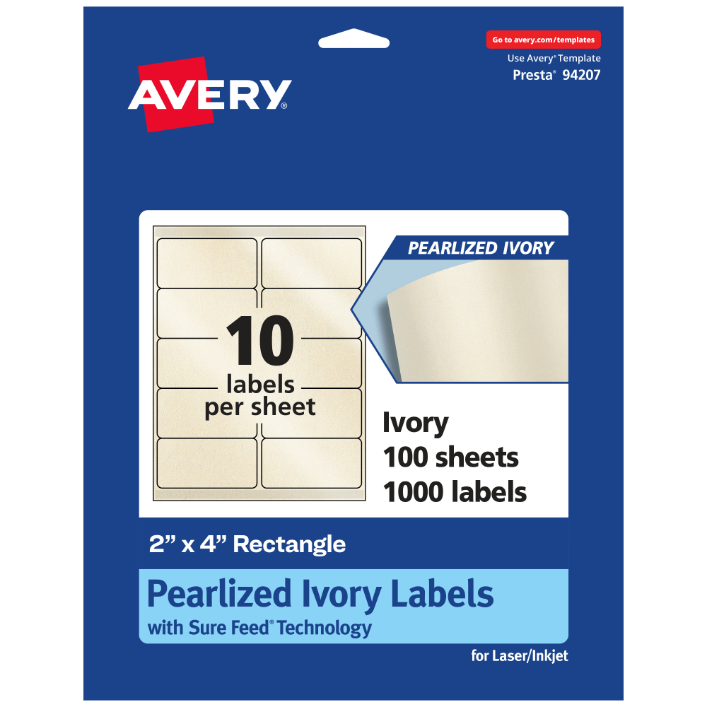 Avery Pearlized Permanent Labels With Sure Feed, 94207-PIP100, Rectangle, 2in x 4in, Ivory, Pack Of 1, 000 Labels MPN:94207-PIP100