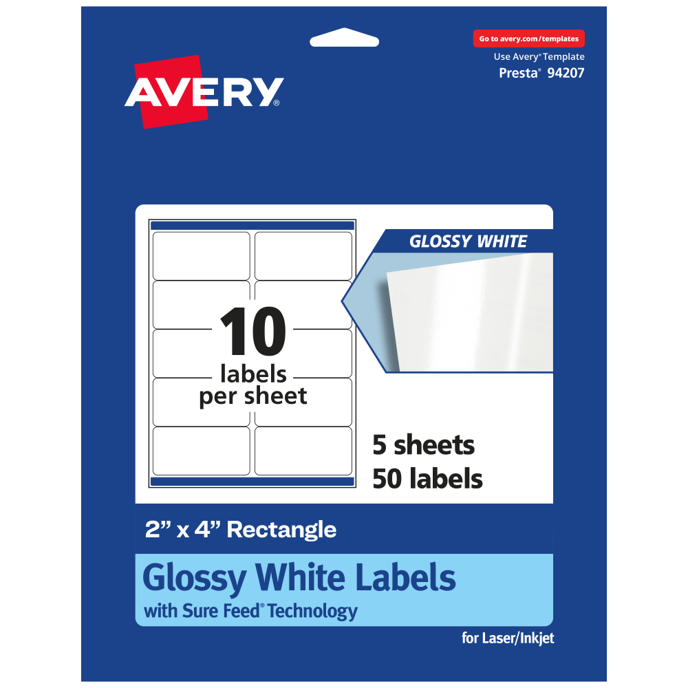 Avery Glossy Permanent Labels With Sure Feed, 94207-WGP5, Rectangle, 2in x 4in, White, Pack Of 50 MPN:94207-WGP5