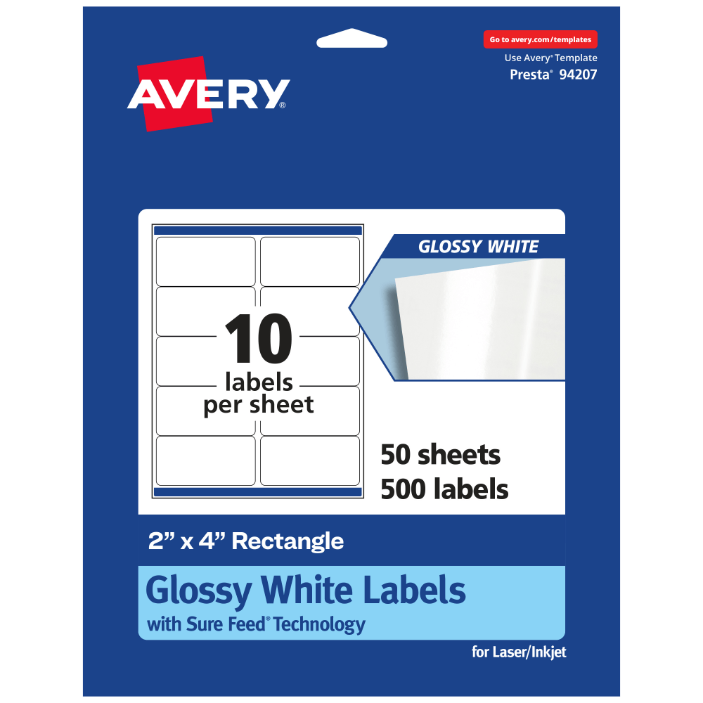 Avery Glossy Permanent Labels With Sure Feed, 94207-WGP50, Rectangle, 2in x 4in, White, Pack Of 500 MPN:94207-WGP50