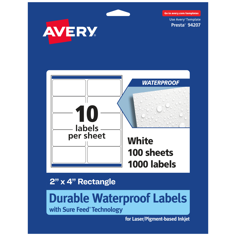 Avery Waterproof Permanent Labels With Sure Feed, 94207-WMF100, Rectangle, 2in x 4in, White, Pack Of 1, 000 MPN:94207-WMF100