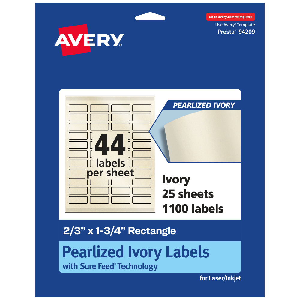 Avery Pearlized Permanent Labels With Sure Feed, 94209-PIP25, Rectangle, 2/3in x 1-3/4in, Ivory, Pack Of 1, 100 Labels MPN:94209-PIP25