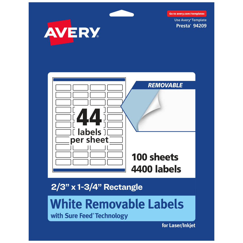 Avery Removable Labels With Sure Feed, 94209-RMP100, Rectangle, 2/3in x 1-3/4in, White, Pack Of 4, 400 Labels MPN:94209-RMP100