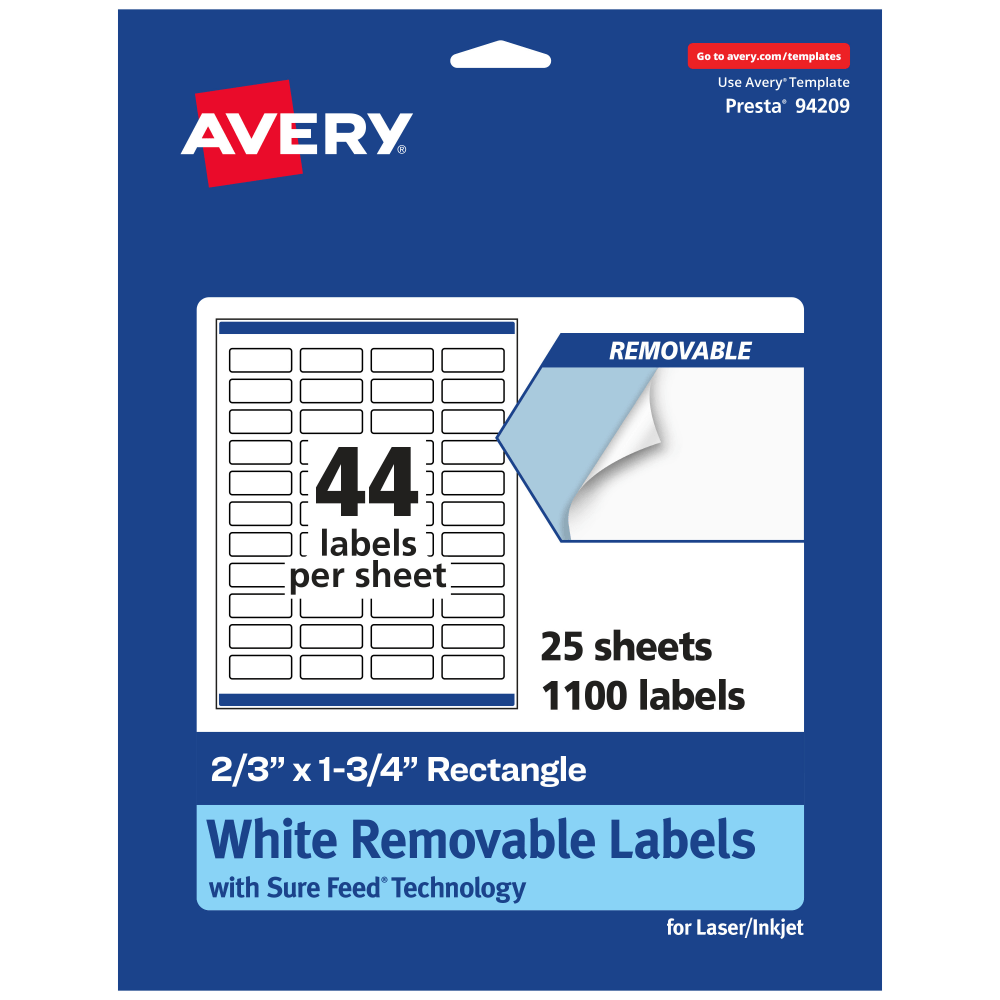 Avery Removable Labels With Sure Feed, 94209-RMP25, Rectangle, 2/3in x 1-3/4in, White, Pack Of 1, 100 Labels MPN:94209-RMP25