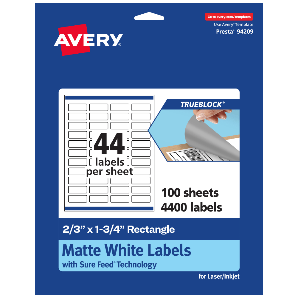 Avery Print-To-The-Edge TrueBlock Labels With Sure Feed, 94209-TWMP100, Rectangle, 2/3in x 1-3/4in, Matte White, Pack Of 4400 MPN:94209-TWMP100