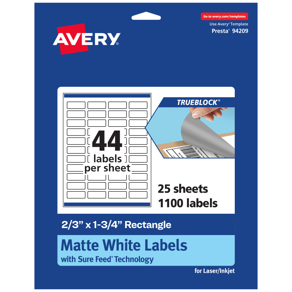 Avery Print-To-The-Edge TrueBlock Labels With Sure Feed, 94209-TWMP25, Rectangle, 2/3in x 1-3/4in, Matte White, Pack Of 1100 MPN:94209-TWMP25