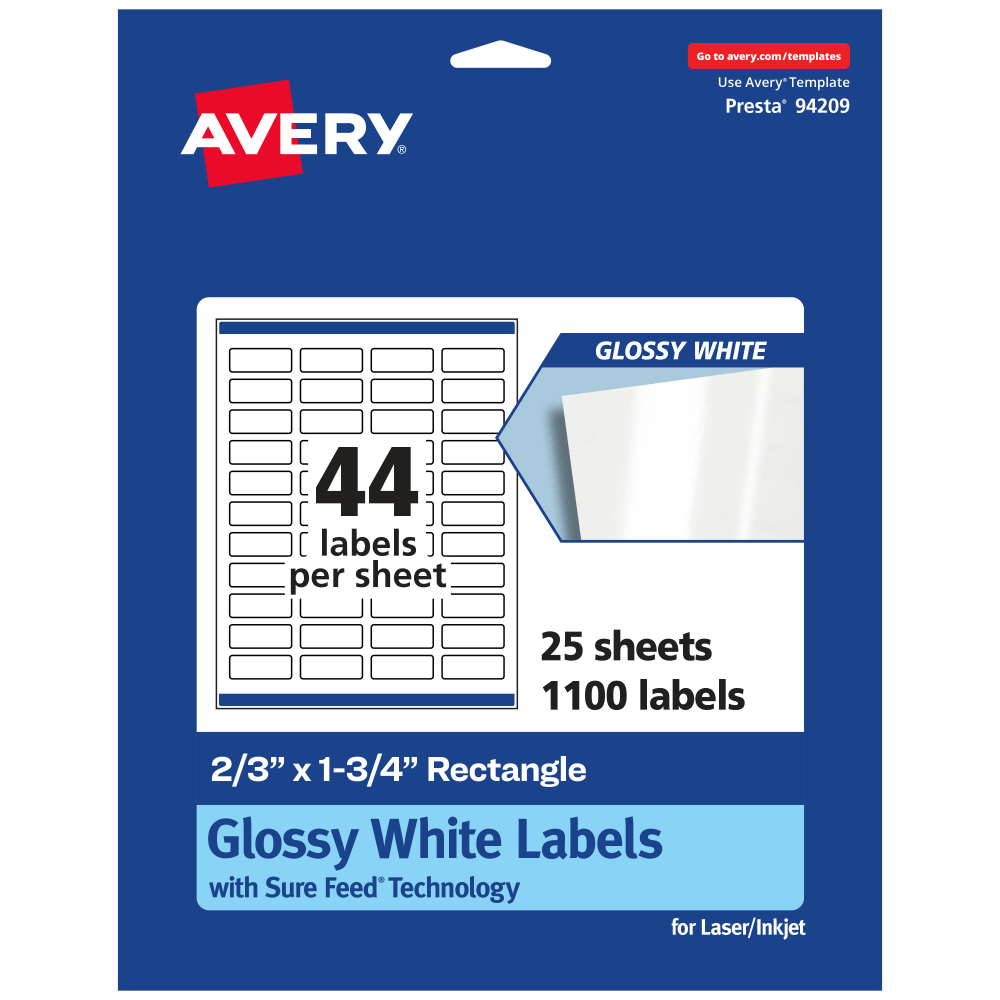 Avery Glossy Permanent Labels With Sure Feed, 94209-WGP25, Rectangle, 2/3in x 1-3/4in, White, Pack Of 1, 100 MPN:94209-WGP25