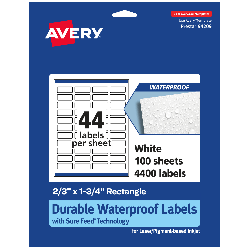 Avery Waterproof Permanent Labels With Sure Feed, 94209-WMF100, Rectangle, 2/3in x 1-3/4in, White, Pack Of 4, 400 MPN:94209-WMF100