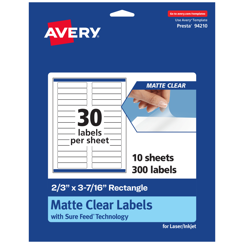 Avery Permanent Labels With Sure Feed, 94210-CMF10, Rectangle, 2/3in x 3-7/16in, Matte Clear, Pack Of 300 MPN:94210-CMF10