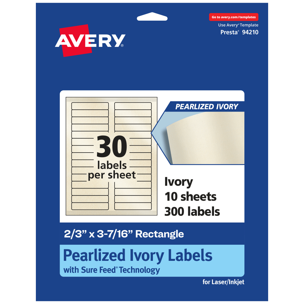 Avery Pearlized Permanent Labels With Sure Feed, 94210-PIP10, Rectangle, 2/3in x 3-7/16in, Ivory, Pack Of 300 Labels MPN:94210-PIP10