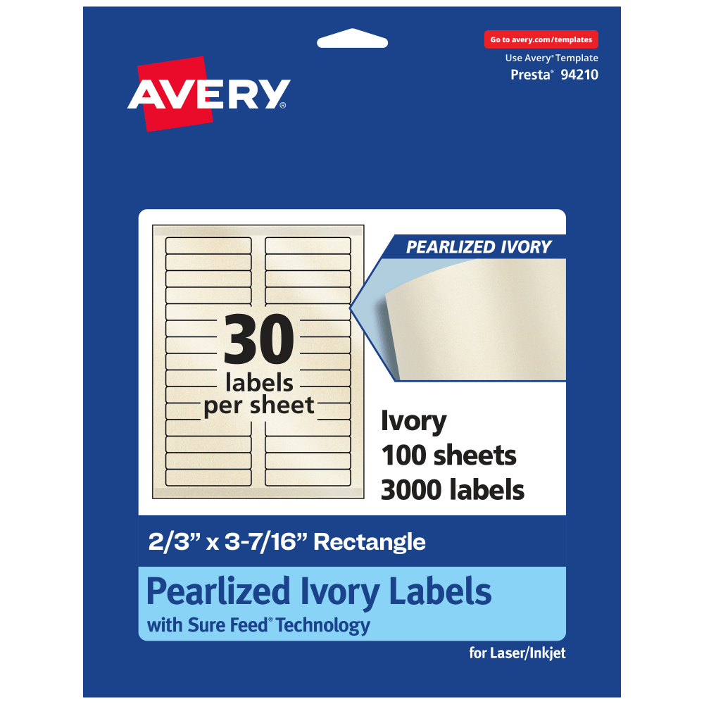Avery Pearlized Permanent Labels With Sure Feed, 94210-PIP100, Rectangle, 2/3in x 3-7/16in, Ivory, Pack Of 3, 000 Labels MPN:94210-PIP100