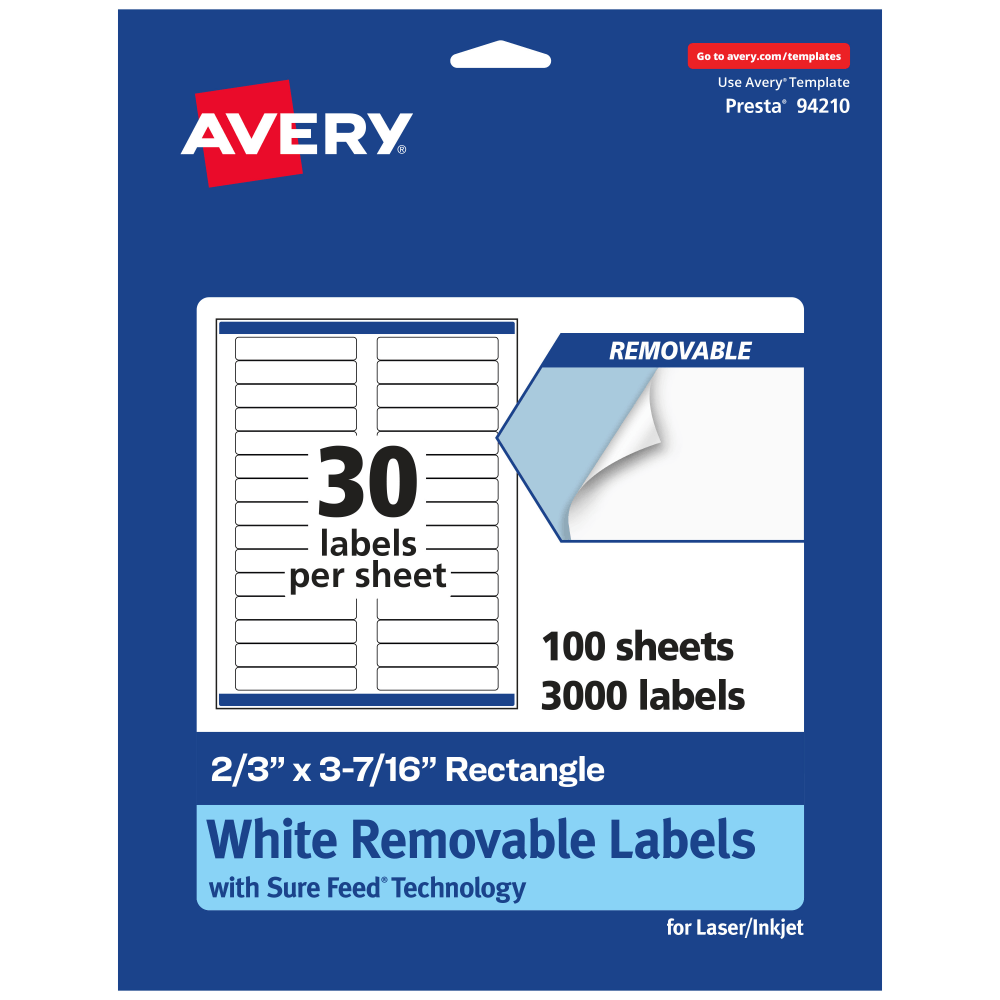 Avery Removable Labels With Sure Feed, 94210-RMP100, Rectangle, 2/3in x 3-7/16in, White, Pack Of 3, 000 Labels MPN:94210-RMP100