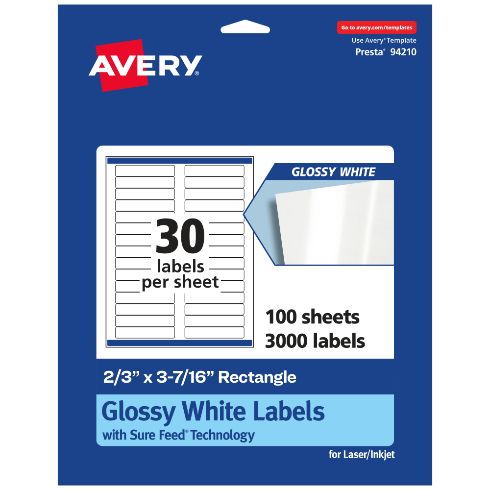 Avery Glossy Permanent Labels With Sure Feed, 94210-WGP100, Rectangle, 2/3in x 3-7/16in, White, Pack Of 3, 000 MPN:94210-WGP100