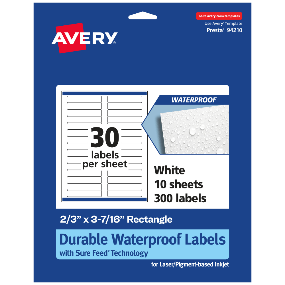 Avery Waterproof Permanent Labels With Sure Feed, 94210-WMF10, Rectangle, 2/3in x 3-7/16in, White, Pack Of 300 MPN:94210-WMF10