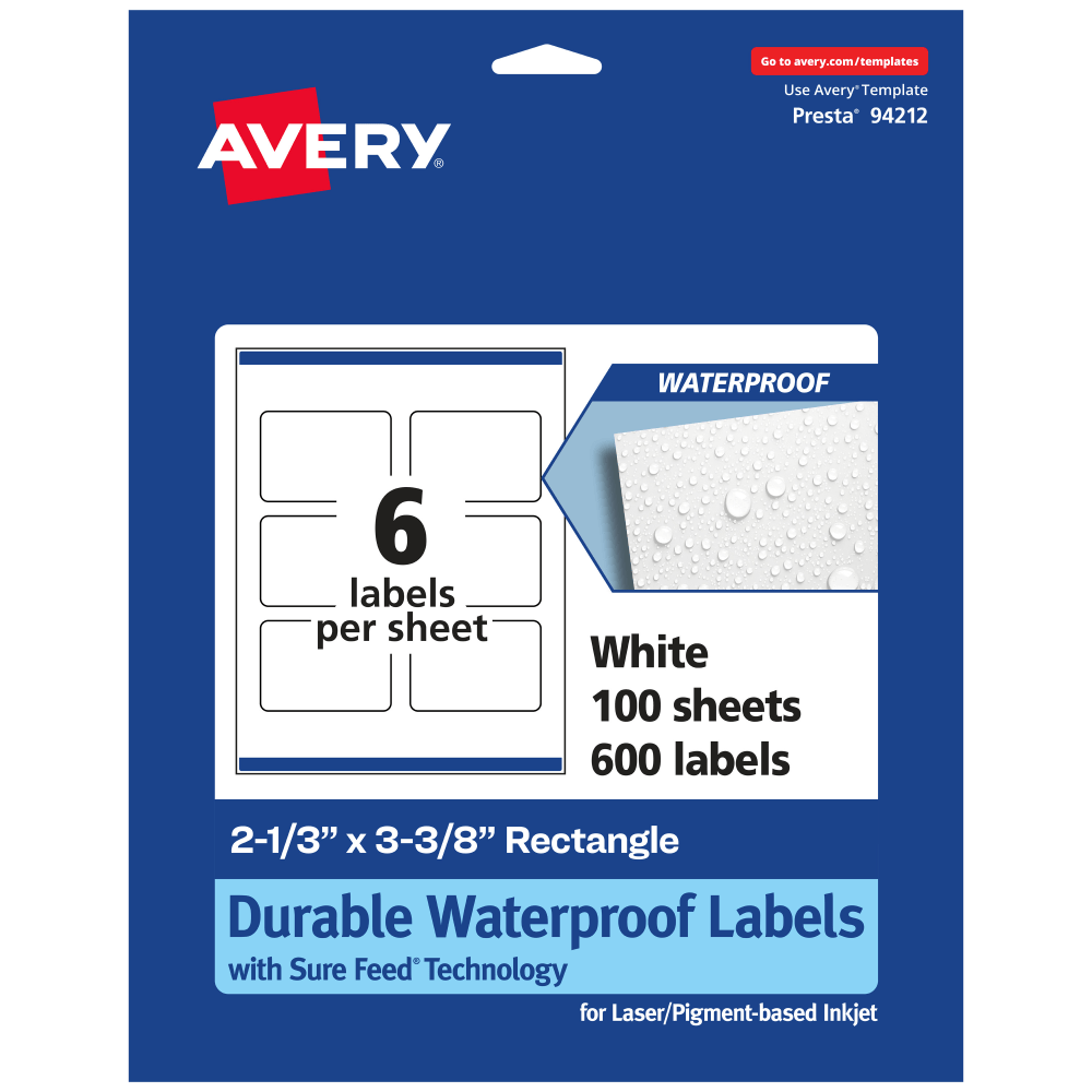 Avery Waterproof Permanent Labels With Sure Feed, 94212-WMF100, Rectangle, 2-1/3in x 3-3/8in, White, Pack Of 600 MPN:94212-WMF100