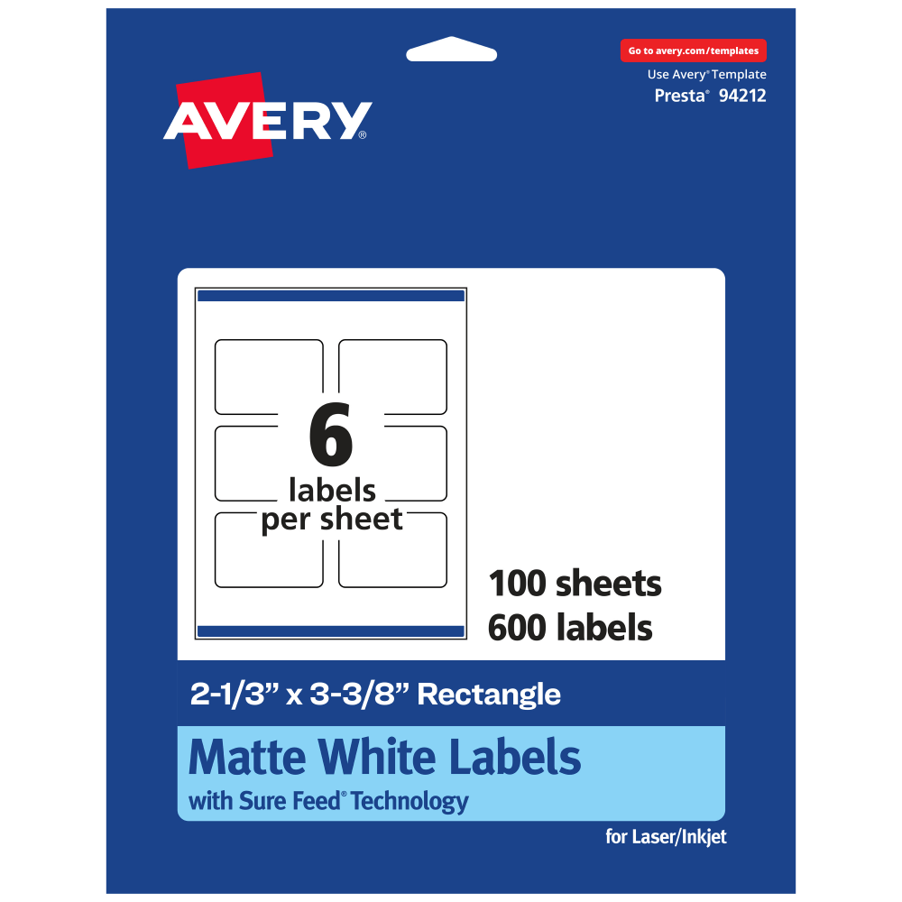 Avery Permanent Labels With Sure Feed, 94212-WMP100, Rectangle, 2-1/3in x 3-3/8in, White, Pack Of 600 MPN:94212-WMP100