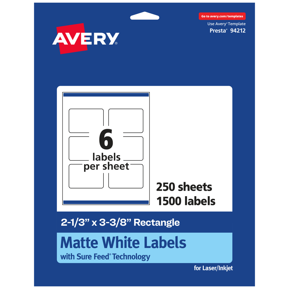 Avery Permanent Labels With Sure Feed, 94212-WMP250, Rectangle, 2-1/3in x 3-3/8in, White, Pack Of 1, 500 MPN:94212-WMP250