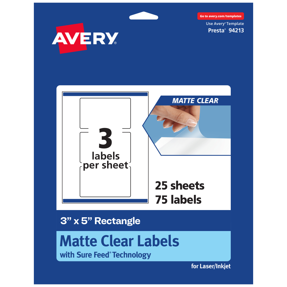 Avery Permanent Labels With Sure Feed, 94213-CMF25, Rectangle, 3in x 5in, Matte Clear, Pack Of 75 MPN:94213-CMF25