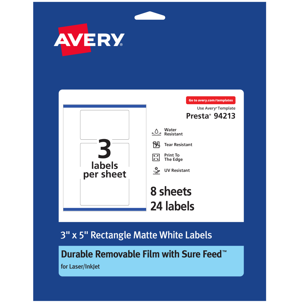 Avery Durable Removable Labels With Sure Feed, 94213-DRF8, Rectangle, 3in x 5in, White, Pack Of 24 MPN:94213-DRF8