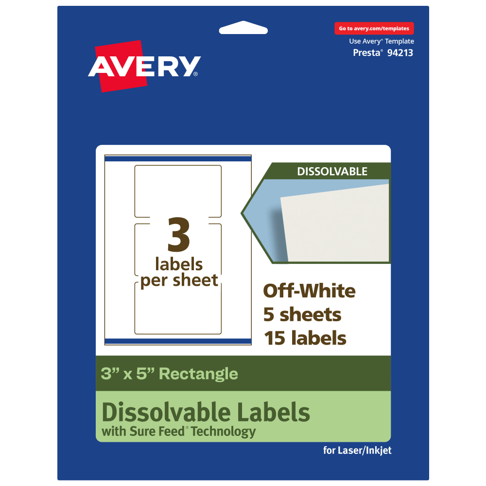 Avery Print-to-the-Edge Dissolvable Labels With Sure Feed Technology, 94213-DWMP5, Rectangle, 3inx5in, Matte Off-White, Pack Of 15 MPN:94213-DWMP5