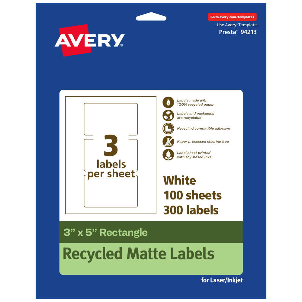 Avery Recycled Paper Labels, 94213-EWMP100, Rectangle, 3in x 5in, White, Pack Of 300 MPN:94213-EWMP100