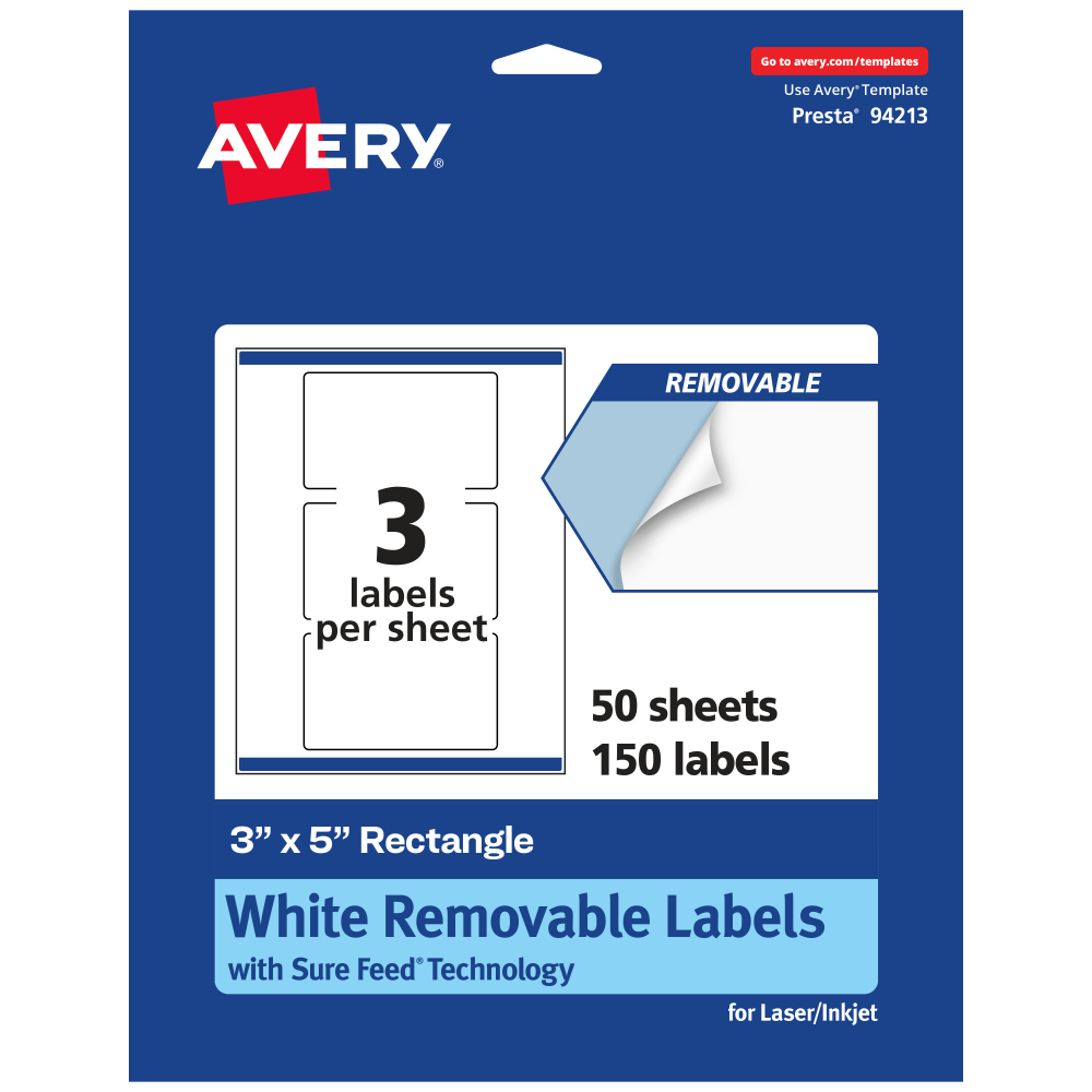 Avery Removable Labels With Sure Feed, 94213-RMP50, Rectangle, 3in x 5in, White, Pack Of 150 Labels MPN:94213-RMP50