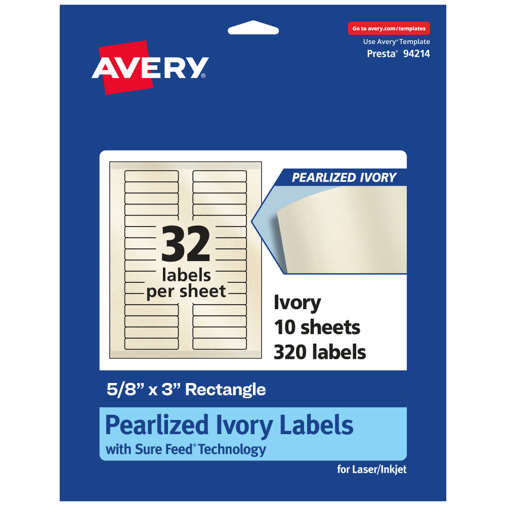 Avery Pearlized Permanent Labels With Sure Feed, 94214-PIP10, Rectangle, 5/8in x 3in, Ivory, Pack Of 320 Labels MPN:94214-PIP10